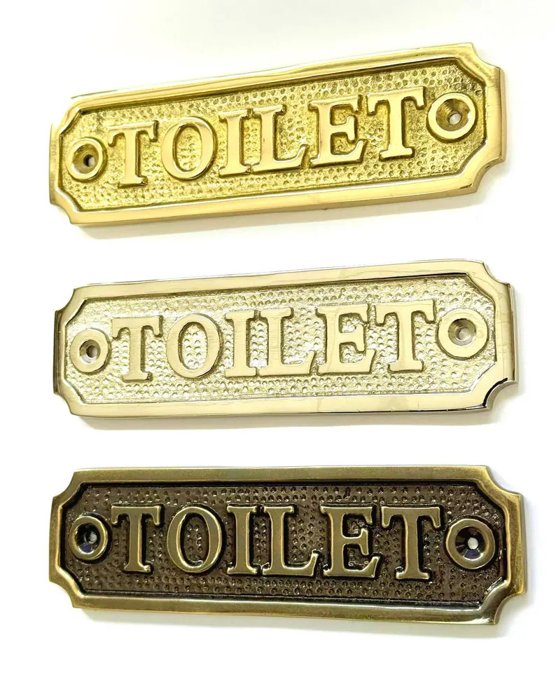 Toilet door sign available in three finishes - nickel, antique bronze or brass. Matching screws a... | Etsy (Global)