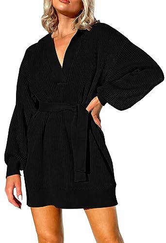Pink Queen Women's 2024 Fall Oversized Sweater Dress with Belt Collared V Neck Ribbed Knit Long Sleeve Pullover Jumper Sweaters Black S | Amazon (US)