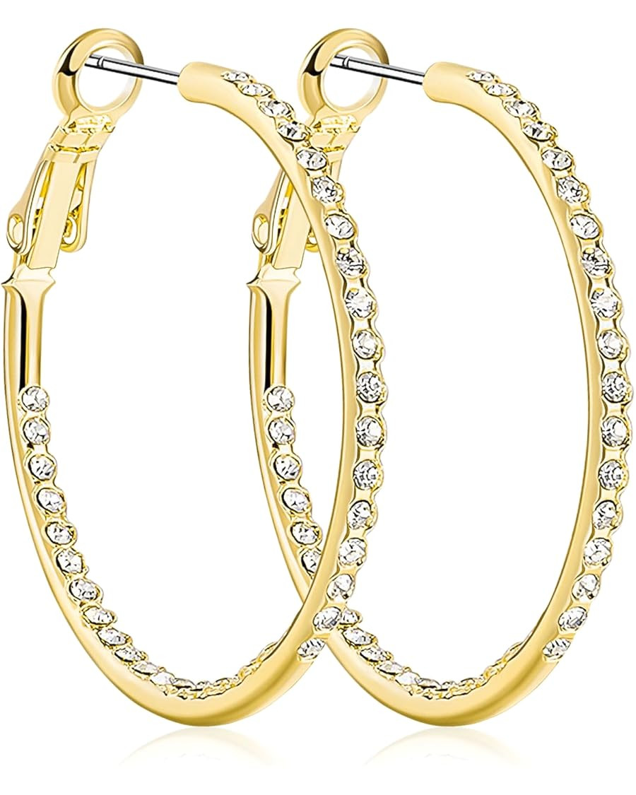 KOSE 14K Gold Hoop Earrings for Women Hypoallergenice, 35mm Rhinestone Hoop Earrings with 14K Gol... | Amazon (US)