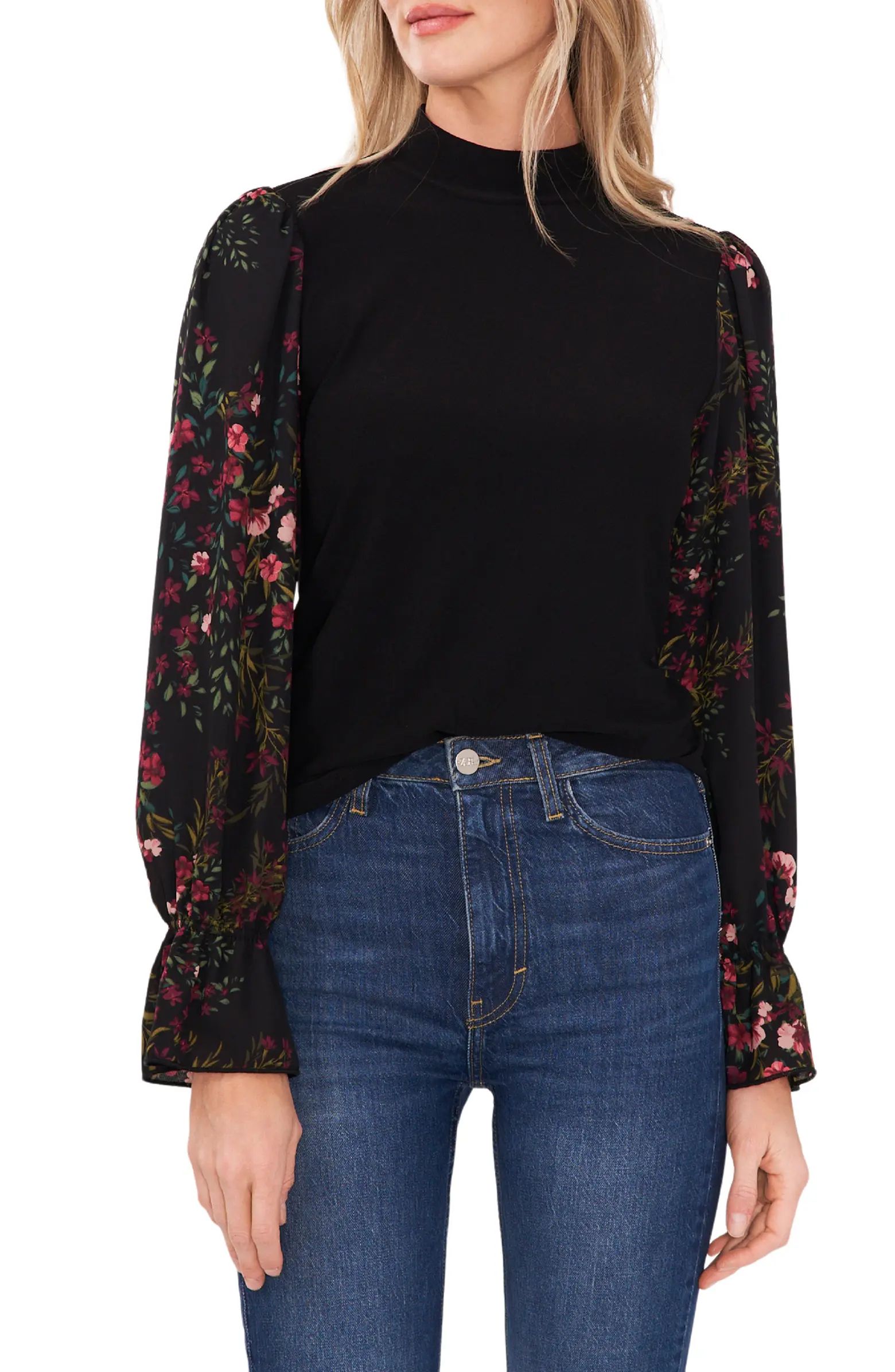 Floral Sleeve Mixed Media Sweater | Nordstrom