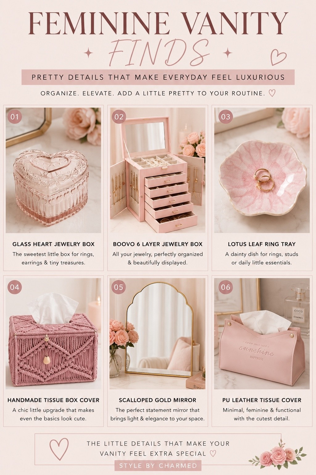 It’s really the little vanity details that make you feel put together 😭🌸✨

Pretty organizers, soft pink accents, cute trays, and feminine touches that make everyday routines feel calmer, softer, and a little luxurious.

Everything linked on my LTK 🤍

#LTKHome #VanityDecor #FeminineDecor #PrettyHomeFinds #StyledByCharmed

#LTKHome #LTKSaleAlert #LTKselfcare