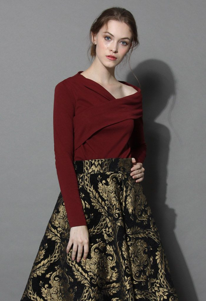 Golden Bouquet Jacquard Midi Skirt | Chicwish