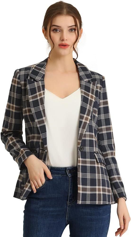 Allegra K Women's Notched Lapel One Button Boyfriend Blazer Suit Plaid Blazer Jacket | Amazon (US)