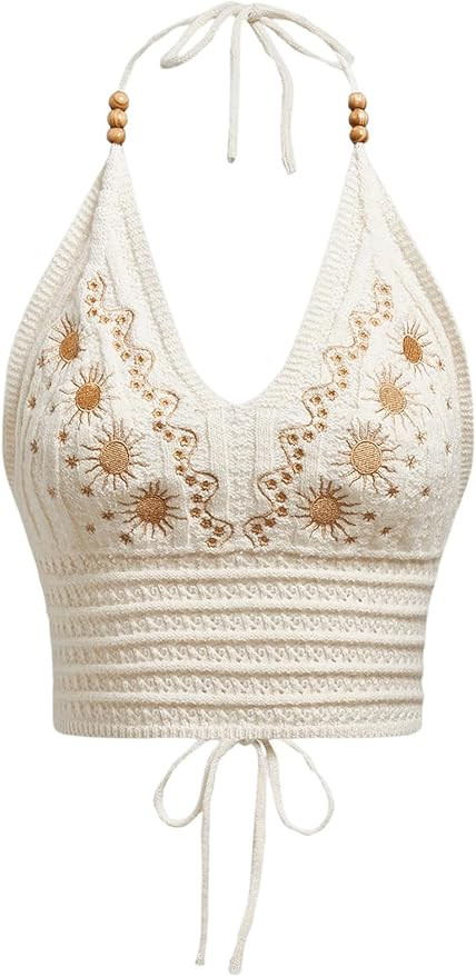 SHENHE Women's Open Back Knitted Halter Crop Top Tie Backless Embroidered Hippie Top | Amazon (US)