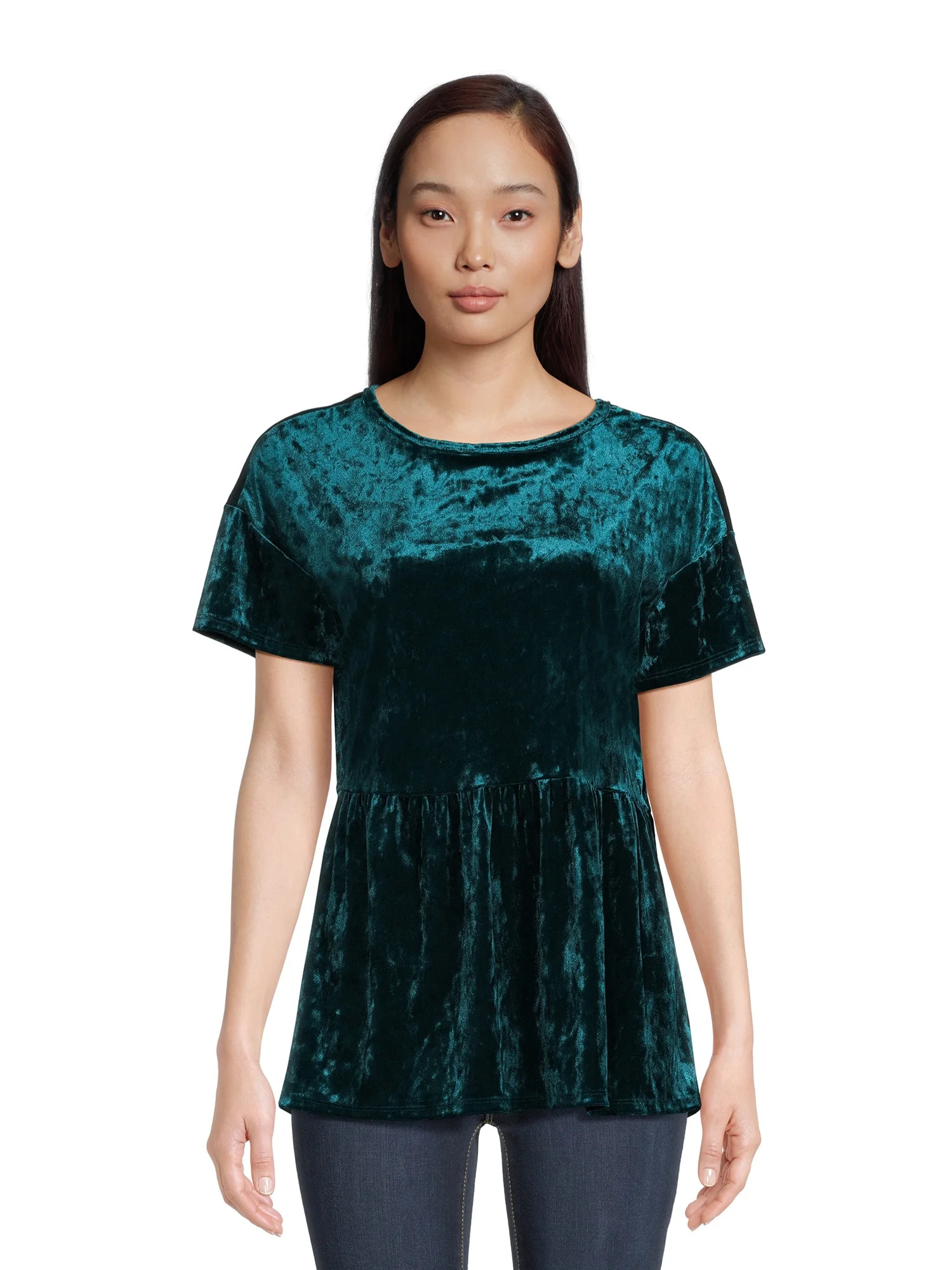 Time and Tru Women's Crushed Velvet Peplum Top with Short Sleeves, Sizes XS-XXXL - Walmart.com | Walmart (US)
