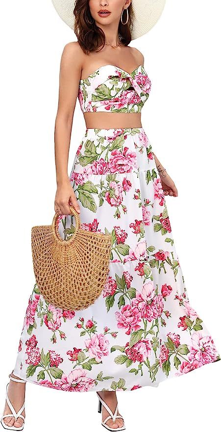ClearFlower 2 Piece Beach Outfit Maxi Dress Boho Twist Front Tube Floral Crop Top Maxi Hawaiian S... | Amazon (US)