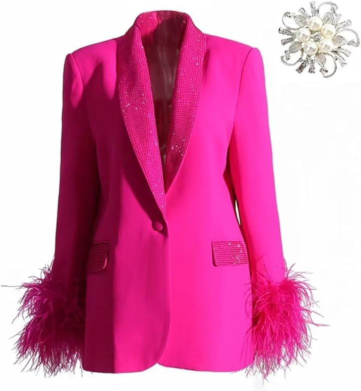 Women Blazer Coat Luxury Feather Decoration Diamond Jacket | Amazon (US)