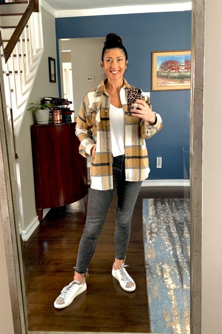 Weekend farm stand OOTD. Amazon shacket with pockets and snaps. Abercrombie v neck tee. Old Navy Rockstar button fly skinny jeans. Target leopard print sneakers with sparkly laces  

#LTKunder50 #LTKstyletip #LTKshoecrush