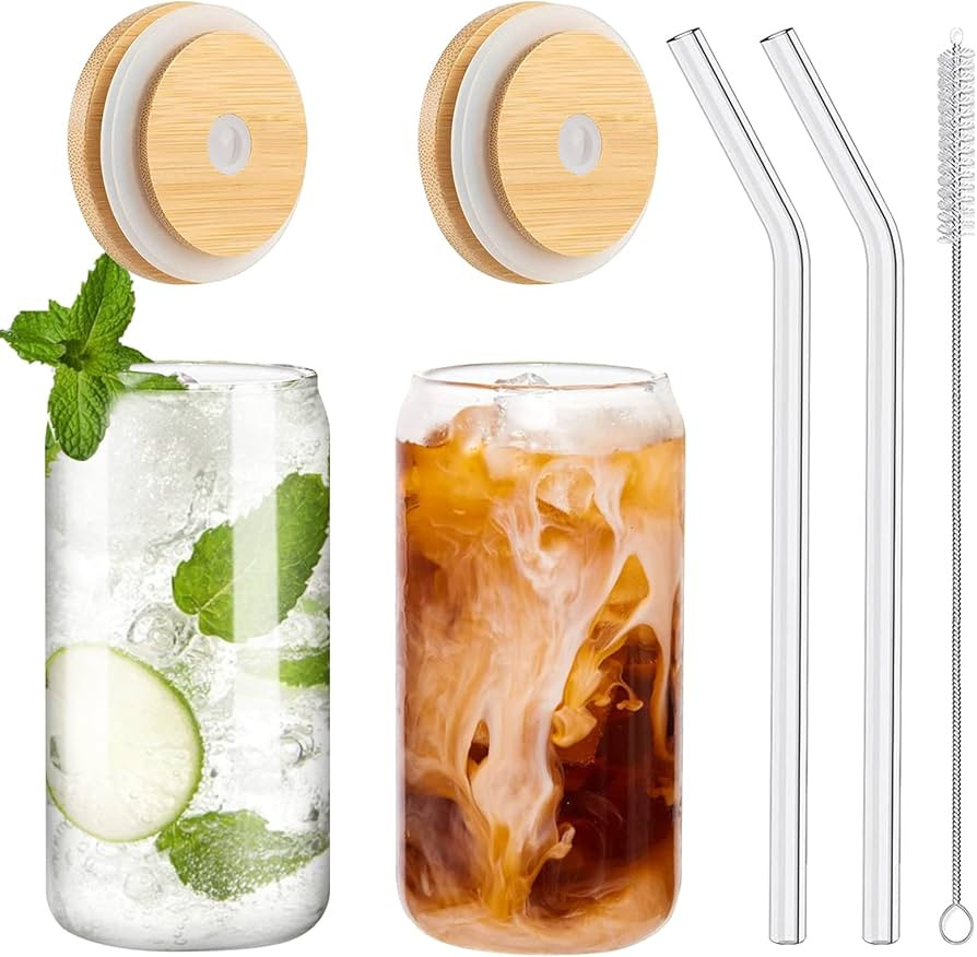 Drinking Glasses with Bamboo Lids and Glass Straw 2PCS Set, 16oz Glass Cups with Lids and Straws,... | Amazon (US)
