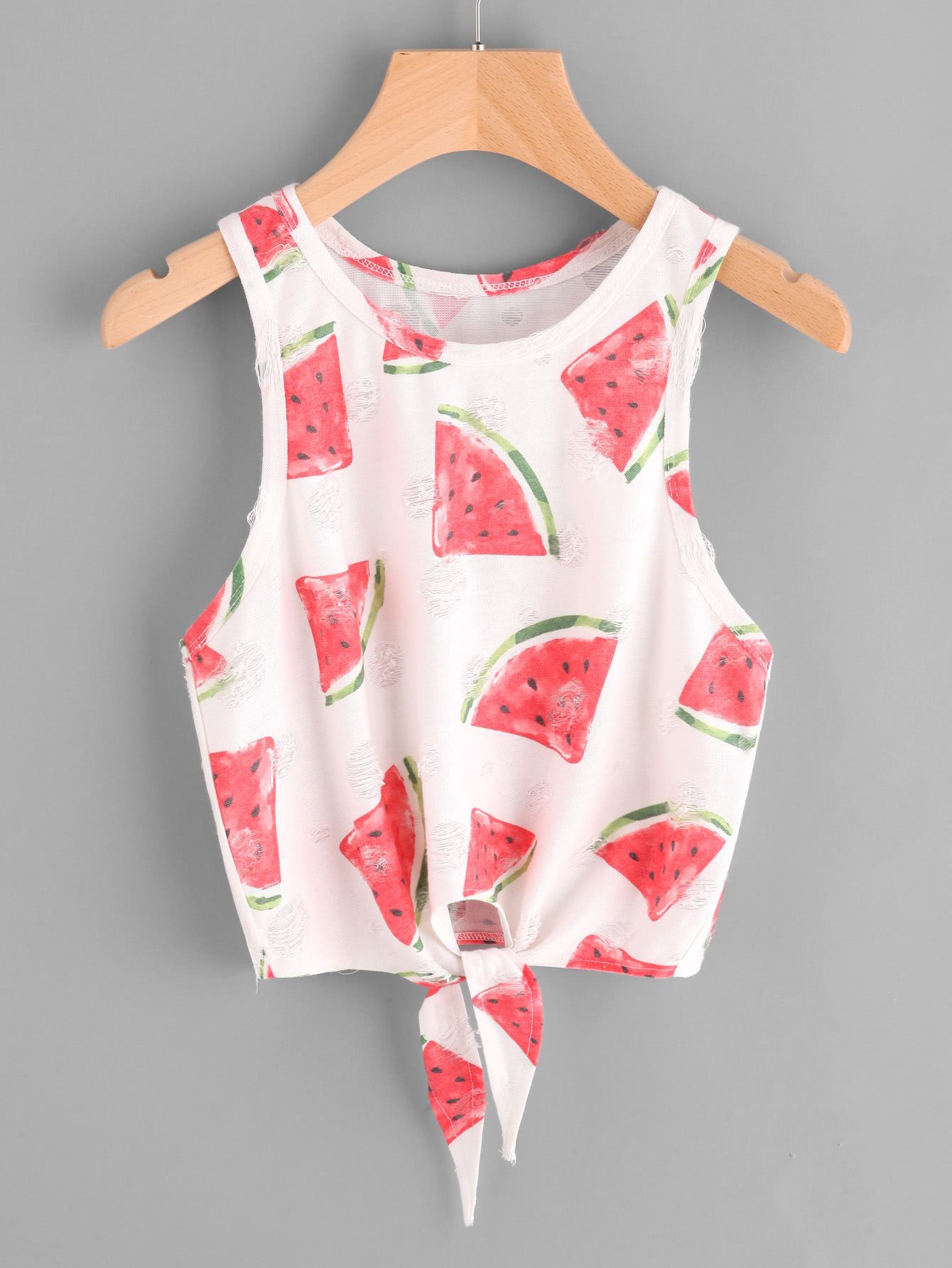 Watermelon Print Knot Front Frayed Dot Tank Top | SHEIN