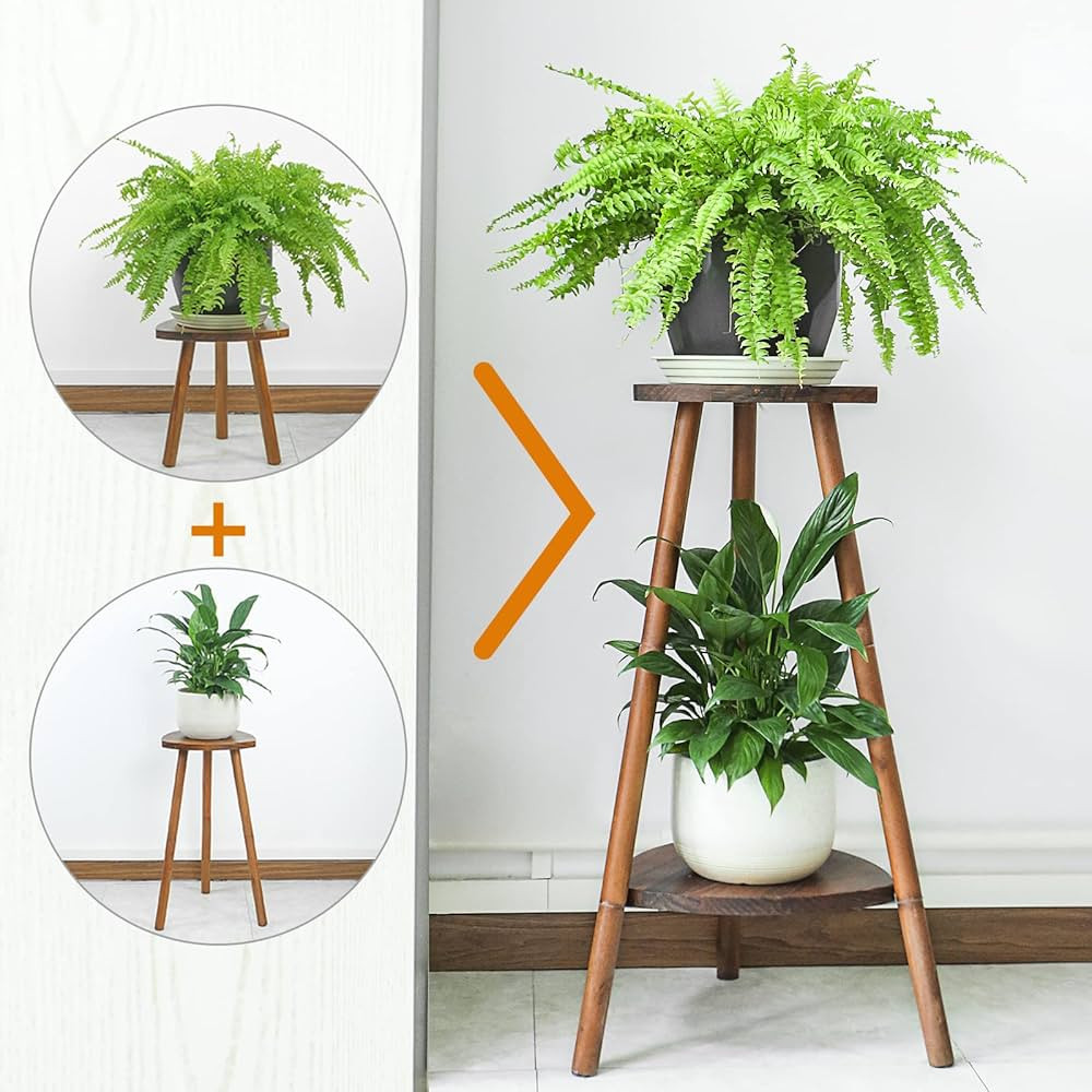 DunGu Tall Plant Stands Indoor, Detachable Wood Plant Holder, 2 Tiers Corner Plant Table Heavy Du... | Amazon (US)