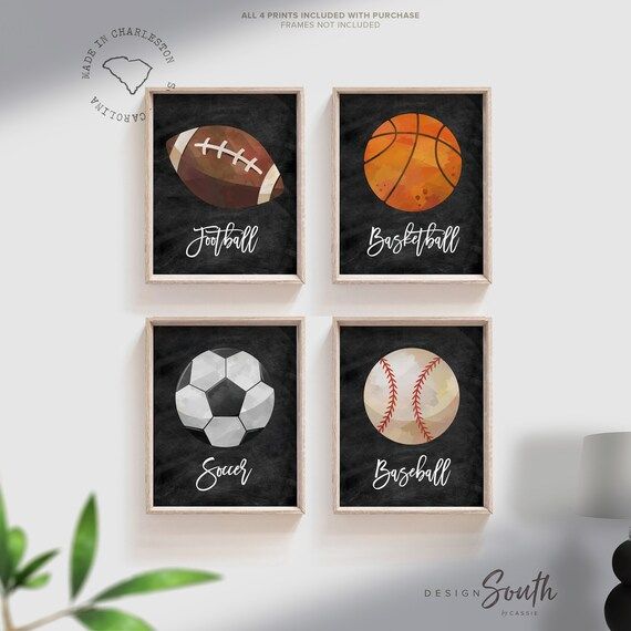 Little boy sports room theme, sports kids wall art print, vintage sports decor, set of 4 sports b... | Etsy (US)