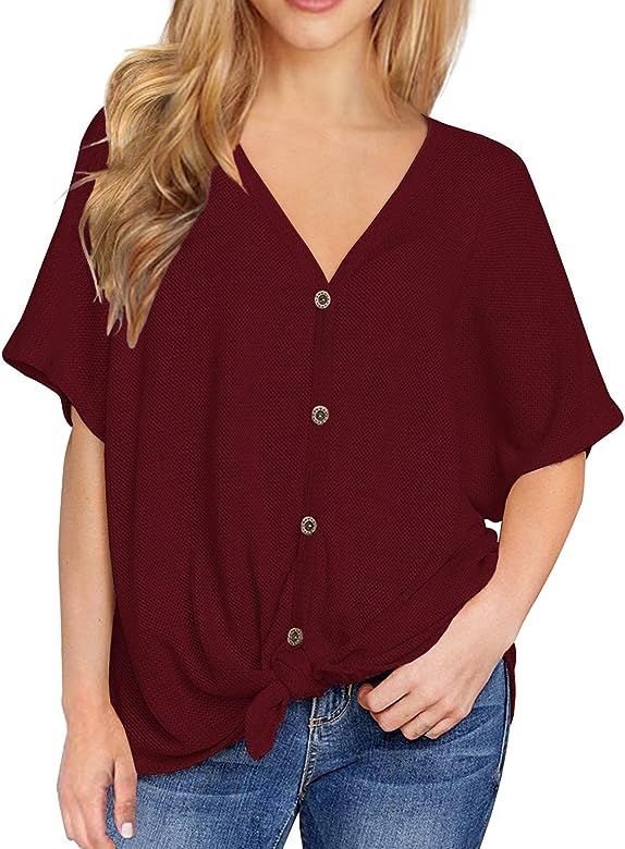 IWOLLENCE Womens Loose Henley Blouse Bat Wing Short Sleeve Button Down T Shirts Tie Front Knot To... | Amazon (US)