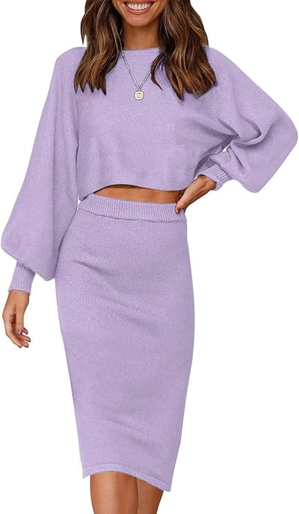 ZESICA Women's Casual Two Piece Outfits Long Sleeve Ribbed Knit Top and Bodycon Midi Skirt Oversi... | Amazon (US)