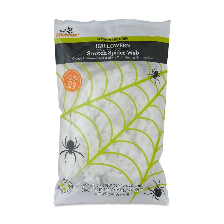 Glow-in-the-Dark Stretch Spider Web Decoration, White, 90.5", Halloween by Way To Celebrate | Walmart (US)