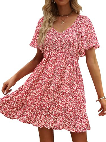 UEAL Sun Dresses for Women 2026 Red Bohemian Skater Dresses for Women Summer Casual XX-Large Burgundy Floral | Amazon (US)