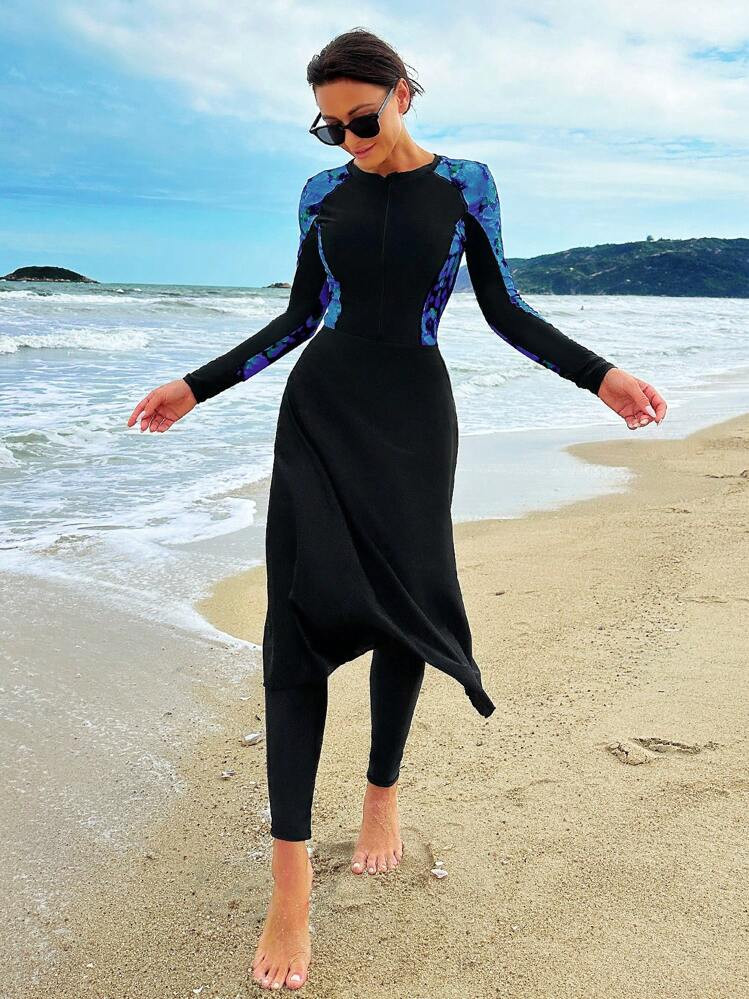 Swim Shayni Women Summer Beach Contrast Print Burkini Set Arabic Clothing | SHEIN