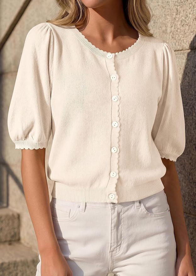 PRETTYGARDEN Puff Short Sleeve Cardigans for Women Lightweight 2026 Summer Shirts Button Up Knit ... | Amazon (US)