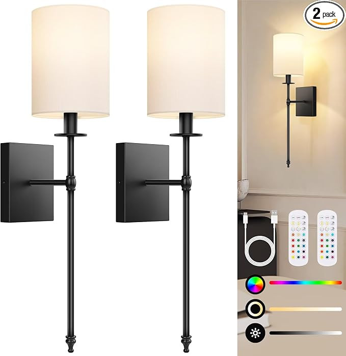 24.8 Inch Black Battery Operated Wall Sconces Set of 2, Rechargeable Wireless Wall Lights with Re... | Amazon (US)