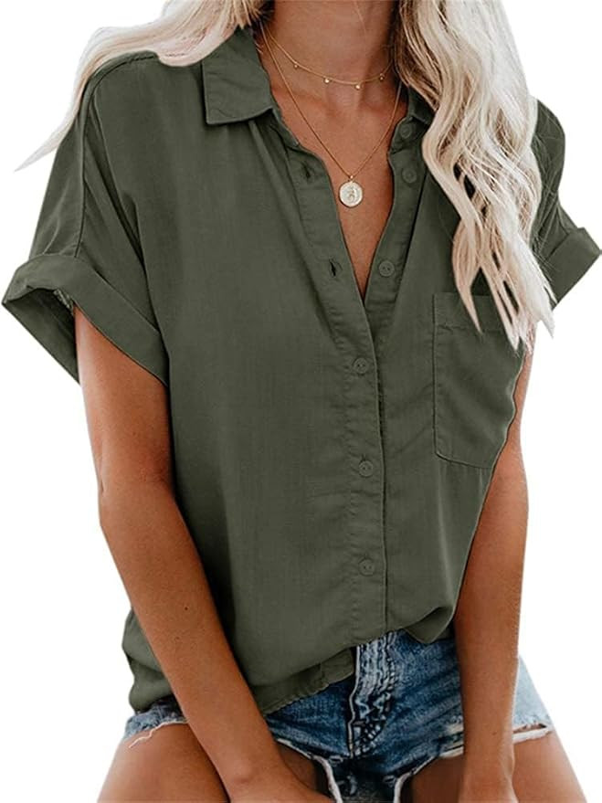 APRAW Womens Casual Short Sleeve Button Down Shirts Summer Cotton Plain Top Blouses with Pockets | Amazon (US)