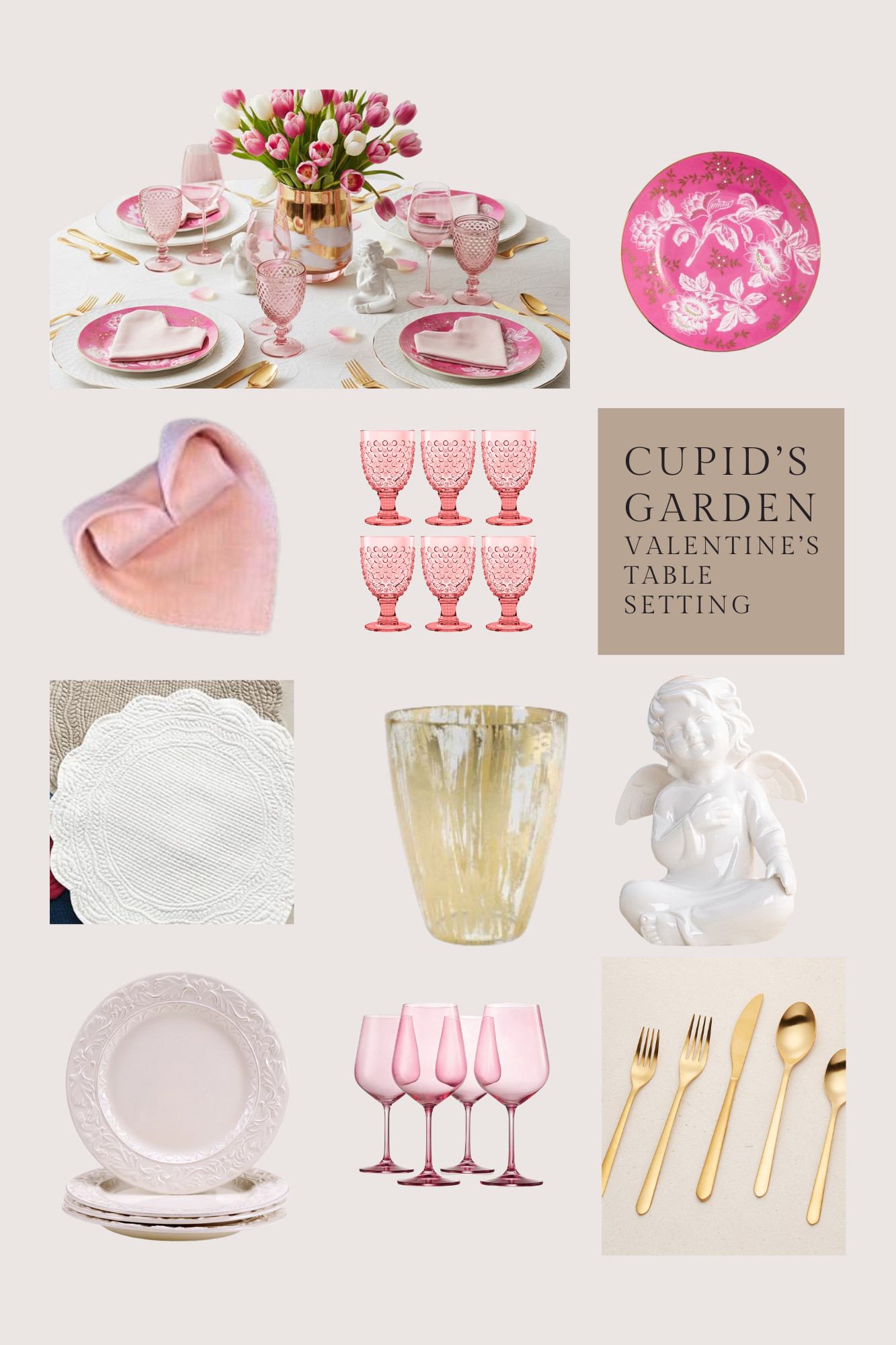 The Valentine's table everyone wants to recreate. Here's exactly how to shop it. 🌷✨

✨ Gold brushstroke vase (the investment)
✨ Pink gradient tulips (the showstopper)
✨ Heart-folded napkins (the romantic detail)
✨ Textured goblets + gold flatware (the luxury touches)

Every single item is linked. No hunting. No guessing. Just beautiful, curated, ready to shop.

Tap to get the complete look 👆

#GetTheLook #ValentinesTablescape

Complete instructions on how to put this tablescape together:  https://lightandbreezy.com/valentines-day-table-cupids-garden/ 

 #LTKSeasonal #LTKHome