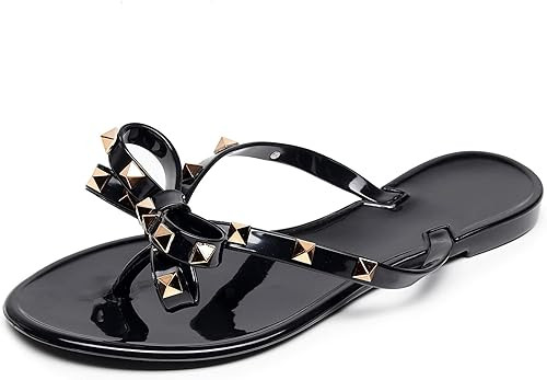 Studded Jelly Shoes for Womens Bow Flip Flops Jellies Sandals Flat Black Summer Beach Thong with ... | Amazon (US)