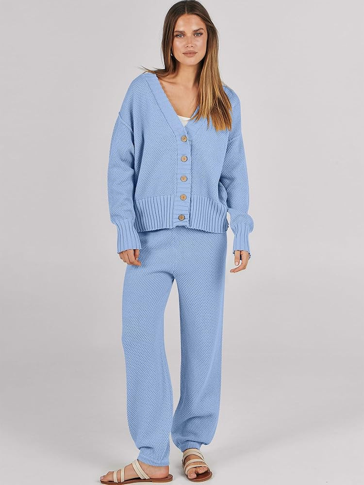 Caracilia Womens 2 Piece Outfits Knit Long Sleeve Cardigan Casual Sweater Pants Sets 2024 Fall Lo... | Amazon (US)