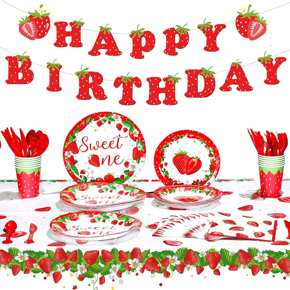 Strawberry Theme Birthday Party Tableware Set Strawberry Birthday Decoration Birthday Banner and ... | Amazon (US)