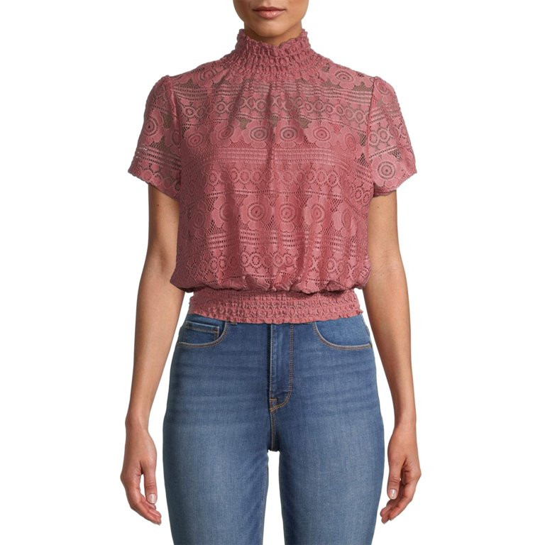 No Boundaries Juniors' Mock Neck Lace Top | Walmart (US)