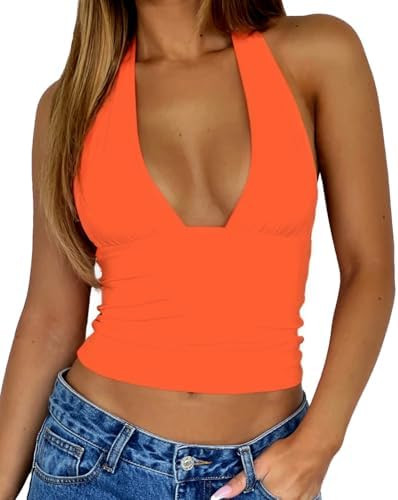 ForeFair Women Sexy Halter Deep V Neck Backless Crop Tank Top Open Back Sleeveless Slim Fit Y2k S... | Amazon (US)