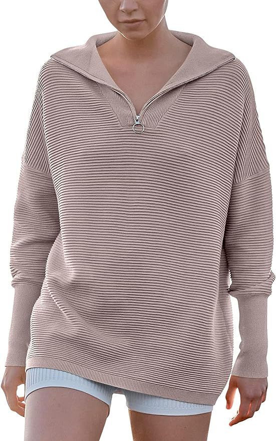 ANRABESS Women's Oversized Sweater Quarter Zip V Neck Collared Ribbed Knit Pullover Tunic 2023 Y2... | Amazon (US)