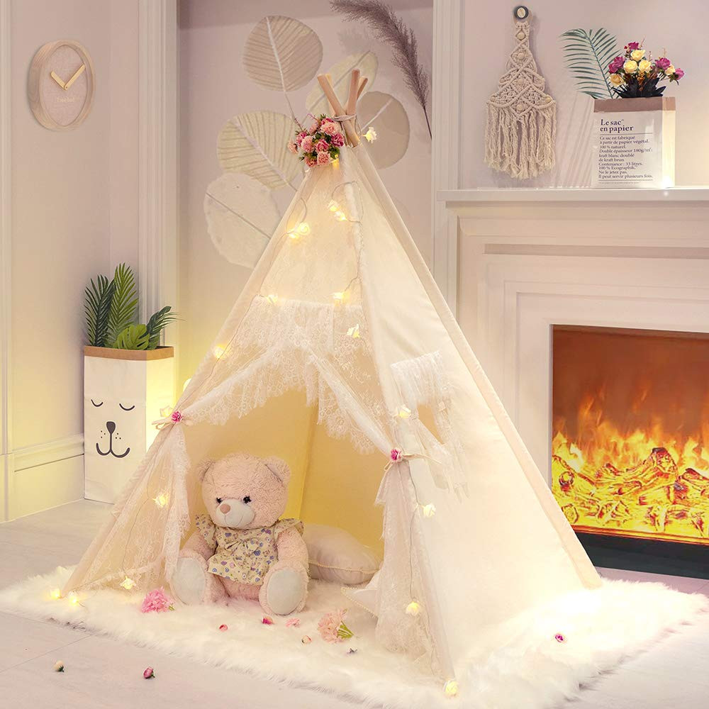 Lace Teepee Tent for Girls Tipi Tent Ivory Canvas Classic Play Tent Play House Indoors for Kids R... | Amazon (US)