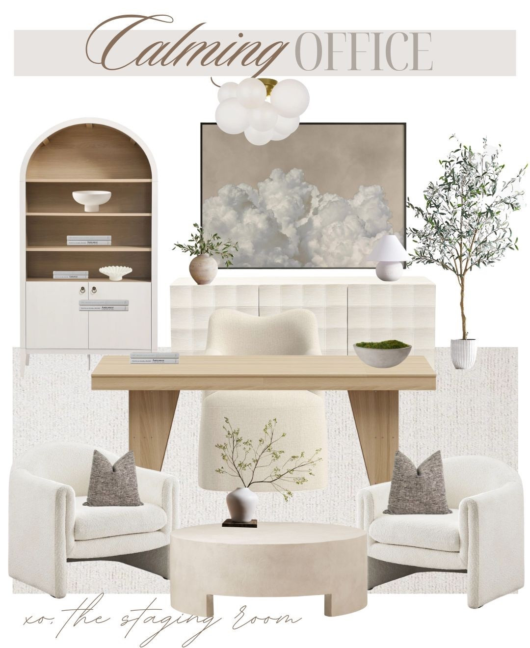 Calming home office design idea 



home office, desk, wood desk, office storage, bookshelf, office shelf, lounge chairs, accent chair, boucle chair, coffee table, round coffee table, home decor, office decor, office art, wall art, etsy art, chandelier, faux tree, desk chair, swivel chair, home style, decor styling  

 

#LTKcanada #LTKsale #LTKcasa