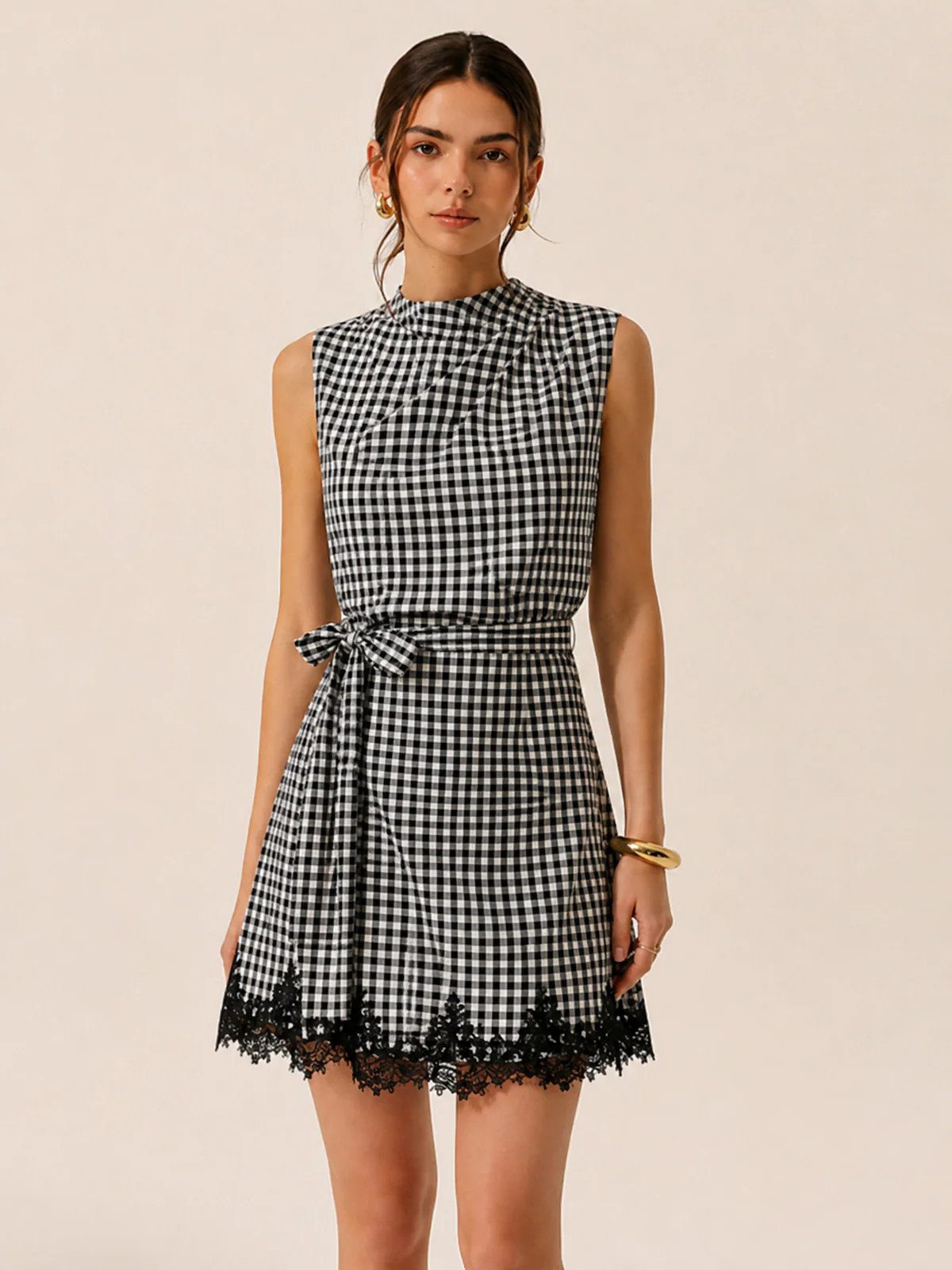 Gingham Tie-Waist Lace Trim Mini Dress | Commense