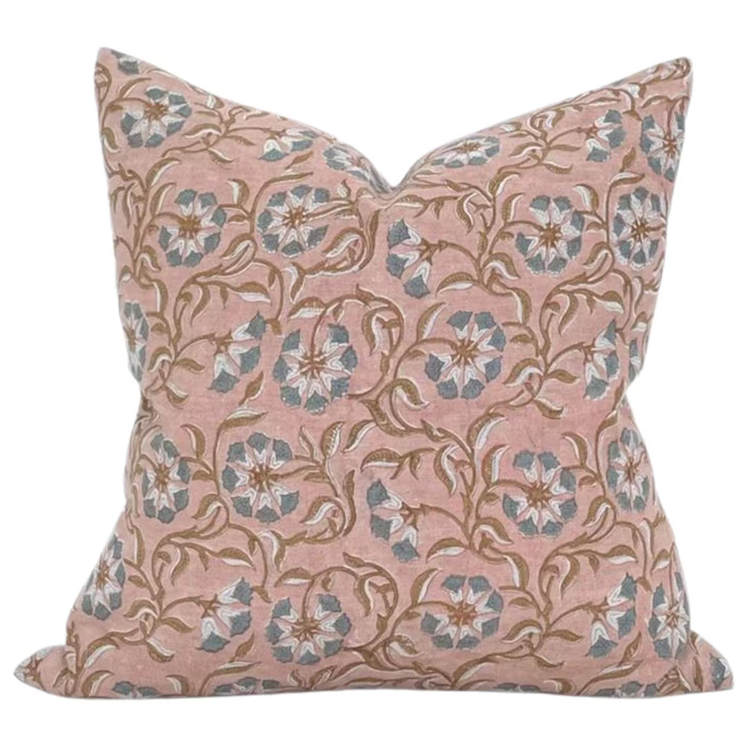 Floral Pillow Cover: Pink Blush & Blue, Natural Linen Back - Etsy | Etsy (US)