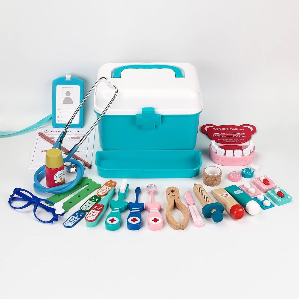 BESTING Doctor Pretend Play Set Wood Toys with Medical Kit Storage Aid Box for Kids Stethoscope R... | Amazon (US)