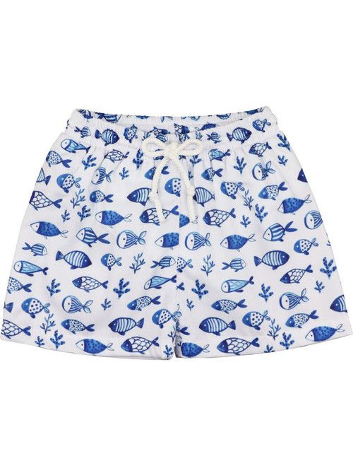 Navy And White Fish Print Swim Trunks | Cecil and Lou