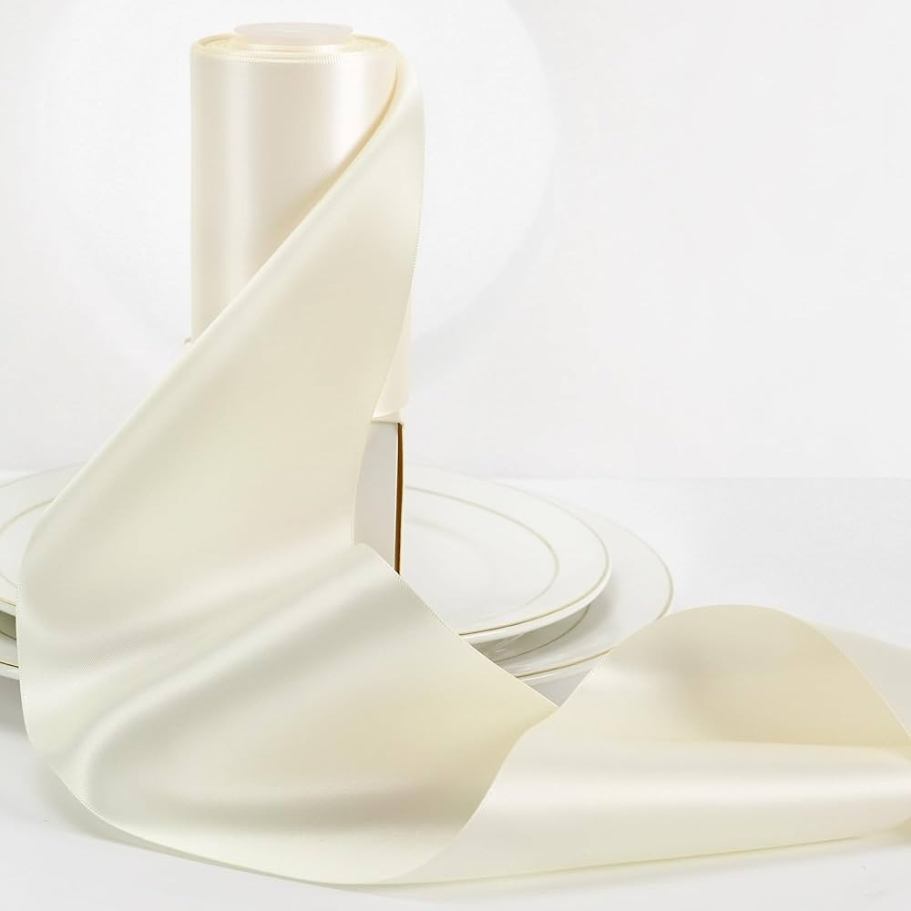 HUIHUANG 4 inch Wide Satin Ribbon Ivory Solid Color Double-Faced Satin Ribbon Thick Ribbons for W... | Amazon (US)