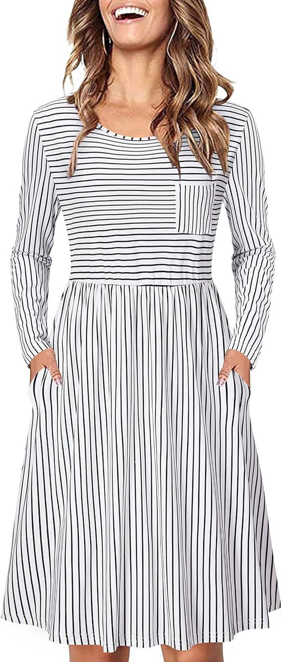 KILIG Women Summer Short Sleeve Round Neck Casual Striped T Shirt Midi Dress with Pockets | Amazon (US)