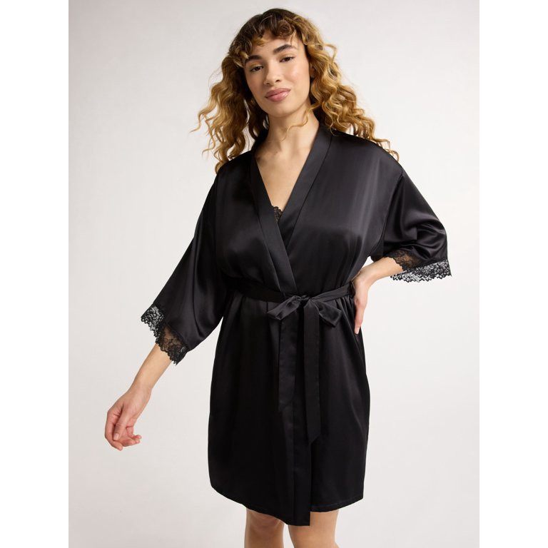 Joyspun Women’s Lace Trim Satin Robe, Sizes S to 3X | Walmart (US)
