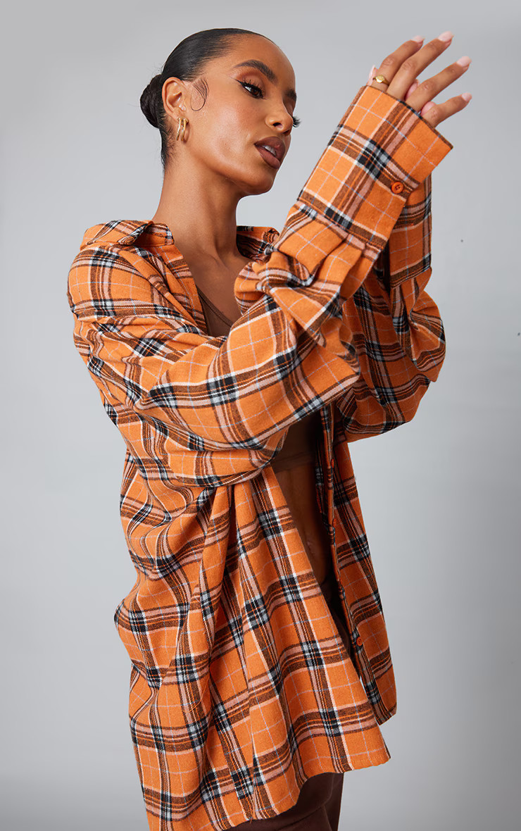 Orange Check Oversized Cuff Shirt | PrettyLittleThing US