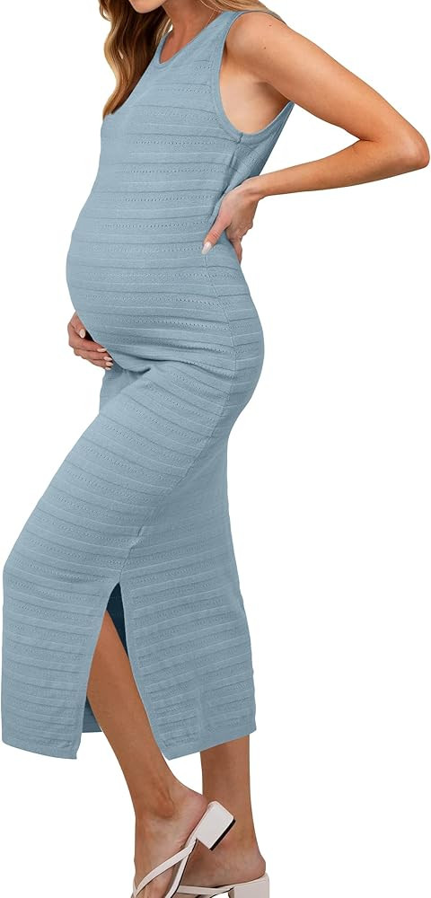OUGES Women's 2025 Summer Maternity Dress Knit Sleeveless Crewneck Midi Dress Side Slit Striped B... | Amazon (US)