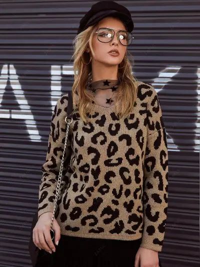 V Neck Leopard Print Drop Shoulder Pullover Sweater | ZAFUL (Global)