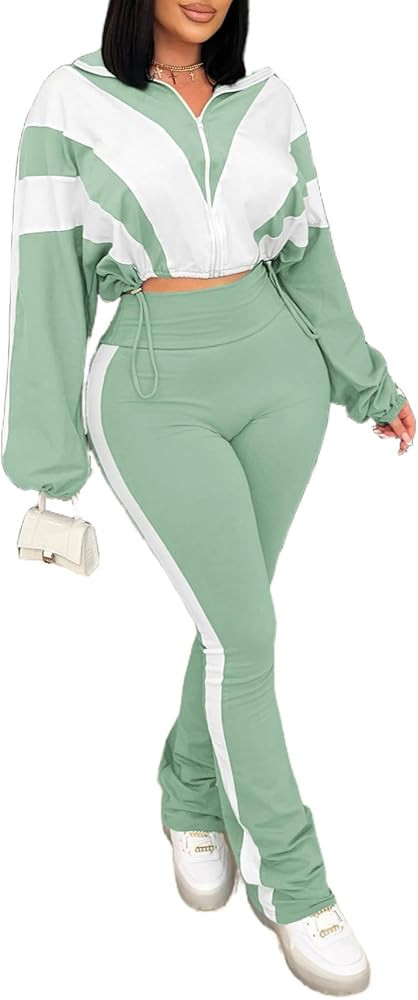 Vssjavun Women 2 Piece Outfit Color Block Long Sleeve Zip Drawstring Cropped Jacket Bodycon Long ... | Amazon (US)