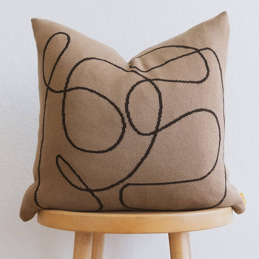 100% Cotton Knitted Soft Throw Pillow Cover Modern Abstract Line 18x18 (Mocha) | Amazon (US)