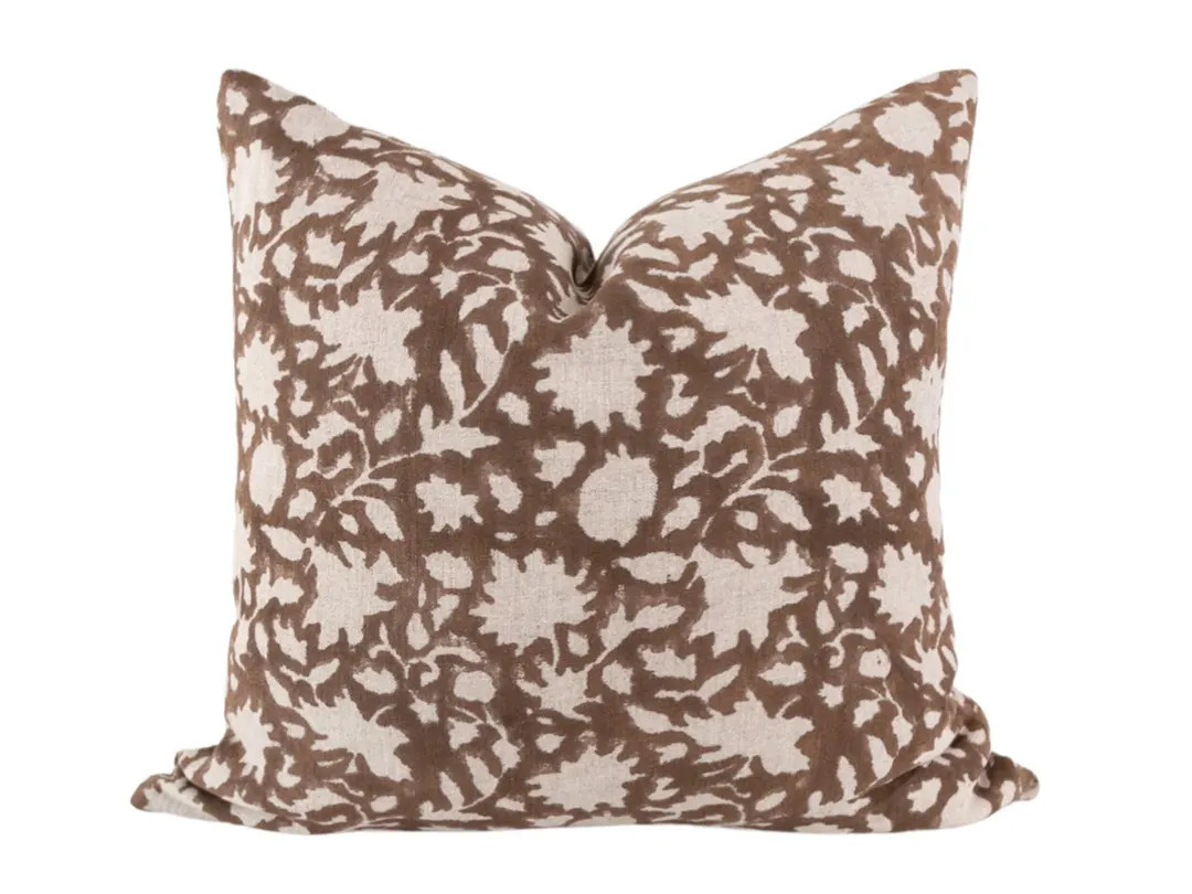 Brown Floral Block Print Pillow Cover • Linen Pillow Cover • Chocolate Brown Pillow Covers ... | Etsy (US)