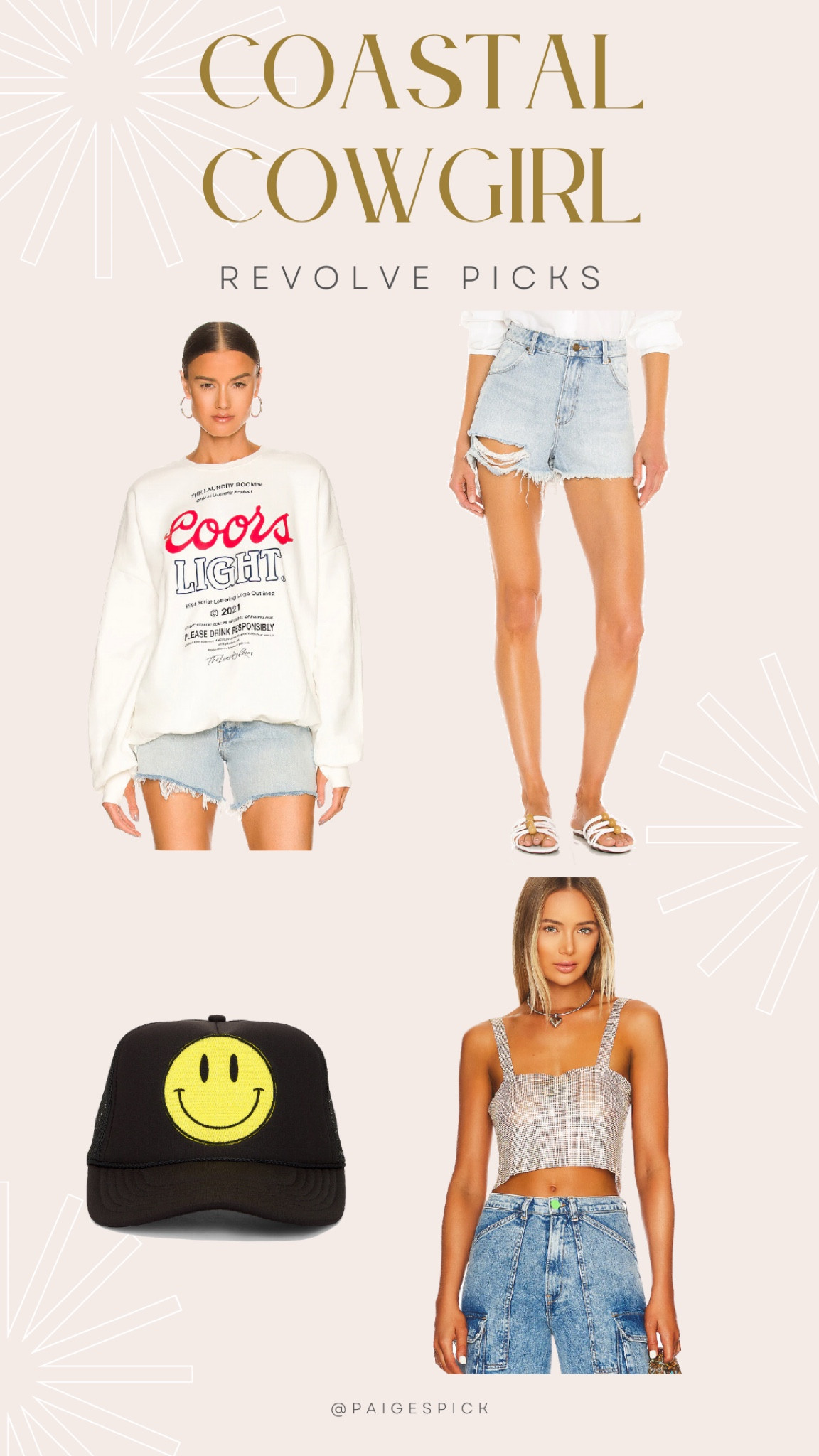 Coastal cowgirl outfit ideas from revolve. Beer tee, sequin top, glitz and glam outfit idea, trucker hat, graphic tshirts, denim shorts, country concert outfit ideas. 

#LTKunder100 #LTKstyletip #LTKSeasonal