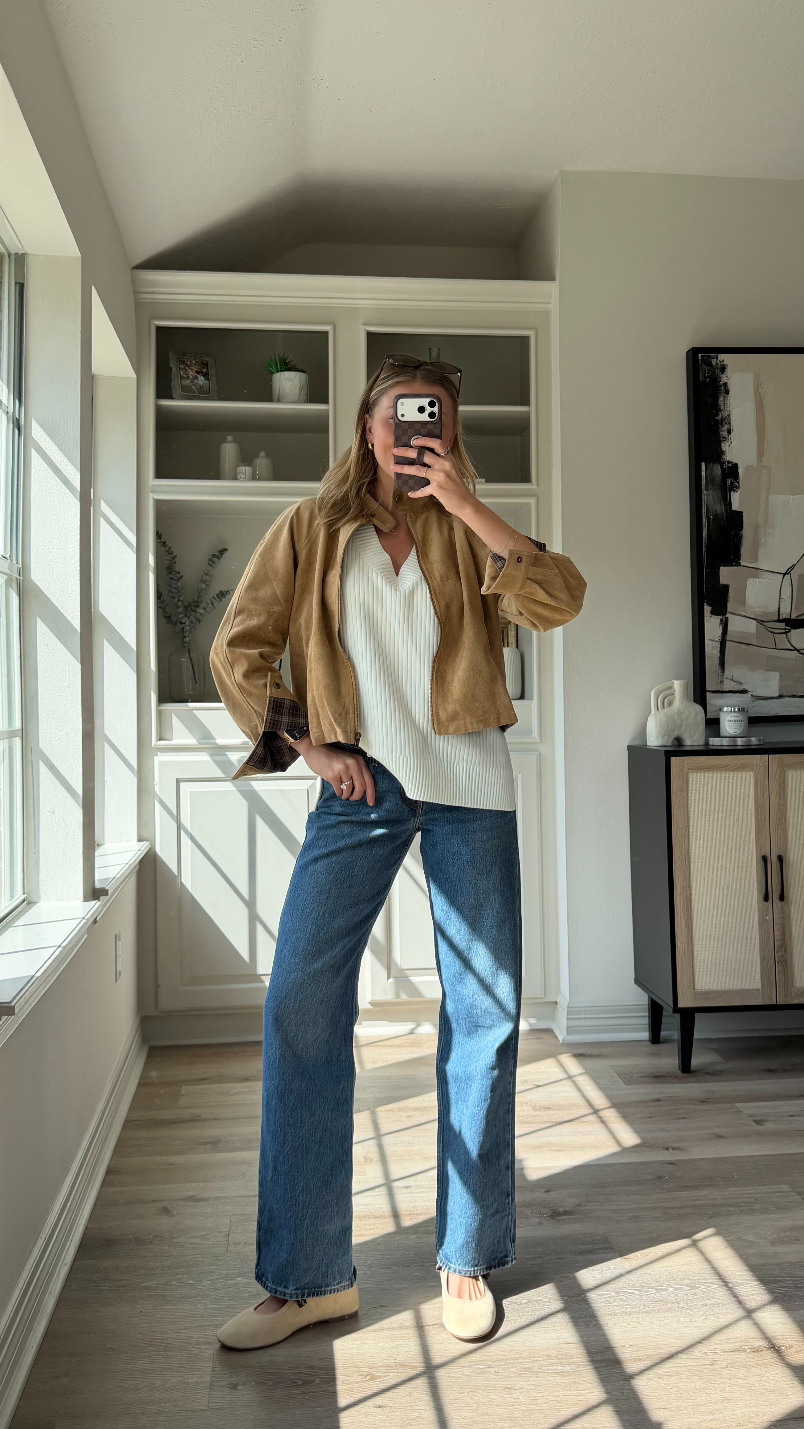 Everyday breastfeeding outfit for fall! Wearing size 26 in denim, S sweater, S suede bomber  

 #LTKootd #LTKmomlife