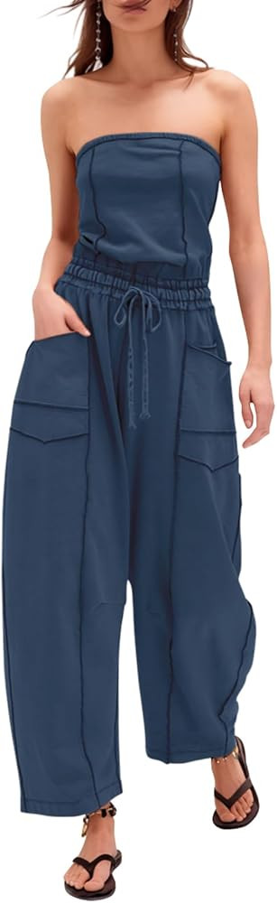 Sexyasasii Womens Casual Strapless Jumpsuits Off Shoulder Long Wide Leg Pants Drawstring One Piec... | Amazon (US)