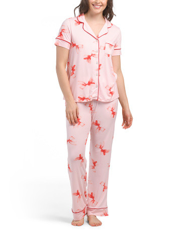 2pc Bow Print Short Sleeve Notch Collar Top And Pants Pajama Set | TJ Maxx